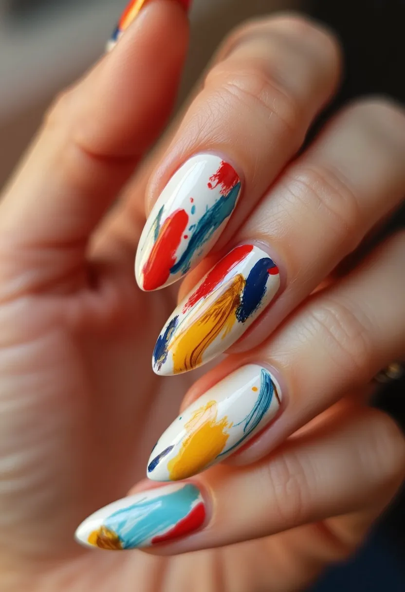 The nail design showcases an almond-shaped manicure featuring a vibrant and eclectic color palette including hues of white, red, yellow, blue, and teal. The base color is predominantly white, providing a clean canvas for the abstract, brushstroke-style patterns that adorn each nail. These random yet artistic strokes evoke a modern, painterly feel, making the design appear dynamic and expressive. The likely nail treatment used here seems to be gel, given the glossy and smooth finish. This design is versatile enough for various occasions but its lively colors and abstract artistry make it particularly suited for a casual, summery feel or an art-themed event.