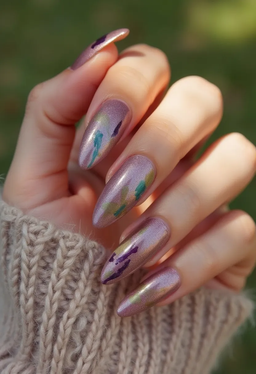 This nail design features an almond-shaped form, elegantly crafted to showcase a shimmering, light lavender-pink base color. The nails exhibit a chrome-like finish, suggestive of a gel or shellac treatment due to their high gloss and smooth appearance. Intricate, abstract floral patterns in shades of green, blue, and purple decorate each nail, adding depth and a touch of nature-inspired artistry. These details suggest a possible springtime or early autumn theme, ideal for a sophisticated yet fresh look. The combination of pastel and metallic hues, along with the artistic floral accents, makes this design both eye-catching and seasonally appropriate.