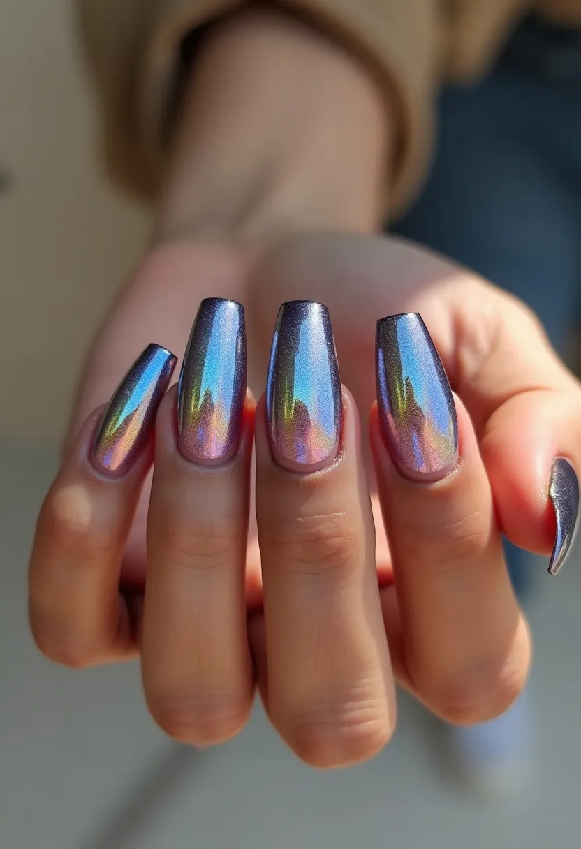 The nail design showcases a stunning chrome mirror effect with a holographic finish, featuring a striking blend of purple, blue, green, and pink hues that shift and change with the light. The nails are shaped into a long, tapered coffin style, providing an elegant and modern look. This design likely employs a gel or shellac polish to achieve the sleek and shiny surface necessary for the reflective quality, ensuring durability and a smooth finish. The intricate transition of colors resembles an aurora borealis or a rainbow sheen, offering a unique and eye-catching appearance perfect for festive seasons or special events where making a bold statement is desired.