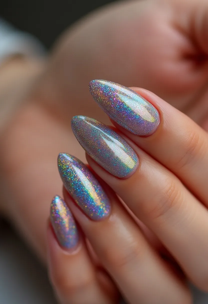 The nail design features almond-shaped nails that are painted with a striking holographic gel polish. The color palette consists of a shimmering array of iridescent hues, predominantly showcasing silver with flashes of rainbow colors that shift in light. The nails exhibit a smooth and glossy finish, indicative of a gel nail treatment, which enhances the holographic effect. This design is both intricate and eye-catching, making it suitable for festive occasions or holiday celebrations, particularly those with a glamorous or futuristic theme. The holographic sparkle gives a sophisticated and modern twist to the overall look.