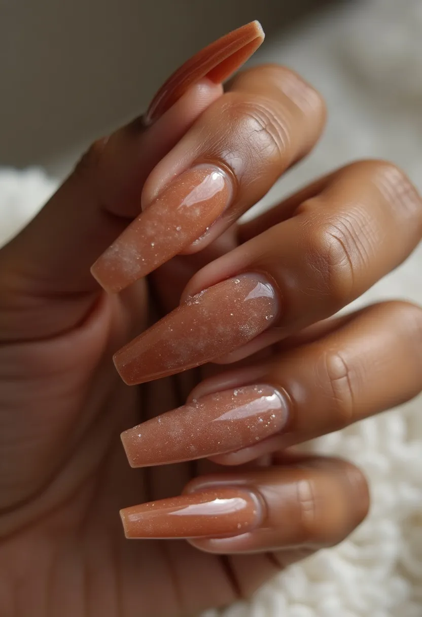 The nail design features a sophisticated color palette dominated by a warm, earthy caramel hue with a subtle shimmer effect. The nails are sculpted into a coffin shape, providing an elegant and modern appearance. The treatment used appears to be gel, giving the nails a glossy, smooth finish, enhancing their overall aesthetic. The design incorporates fine glitter particles, adding a touch of glamour and depth, perfect for autumn or winter seasons and festive occasions. The nails are uniformly polished, highlighting meticulous attention to detail and advanced nail artistry techniques.