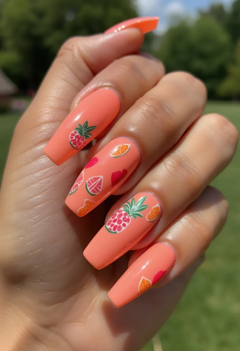 The nail design features a vibrant peach-colored palette that provides a summery and lively base. The nails are long with a coffin shape, giving a chic and trendy appearance. Adorning the nails are intricate patterns and decorations of fruit motifs, including pineapples, oranges, and heart shapes in coordinating colors. The detailed designs are meticulously arranged to add a playful and tropical vibe to the overall look. This appears to be a gel nail treatment, known for its glossy finish and durability. The unique and cheerful design is optimal for the summer season or any festive occasion, capturing an essence of fun and freshness.