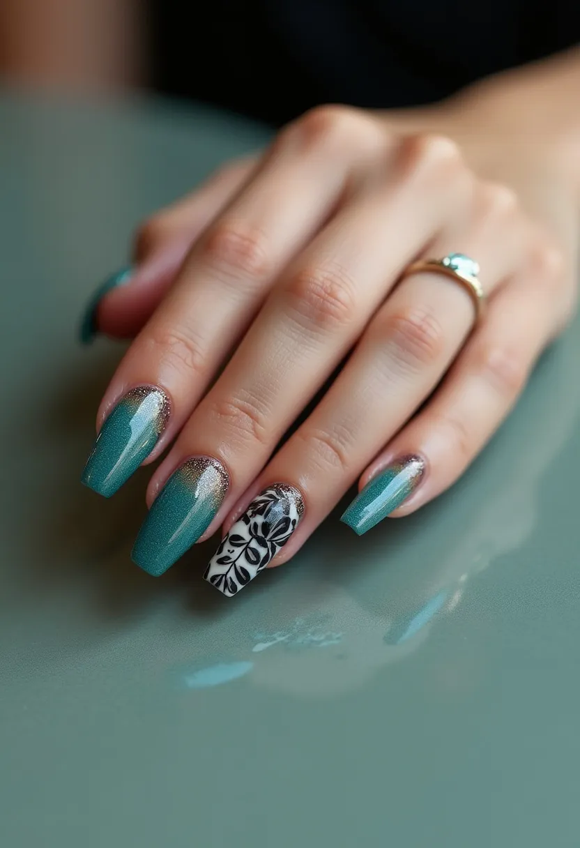 This nail design features a striking color palette with a base of deep teal complemented by glittery gold at the cuticles, creating a gradient effect. The nails are long and squared, possibly treated with gel for a smooth and glossy finish. On the ring finger, there is an intricate black floral pattern on a white background, adding a sophisticated and artistic touch. The design exudes an autumnal feel with its rich colors and elegant decorations, making it suitable for special occasions or seasonal celebrations. The combination of solid color, glitter, and detailed artwork makes this manicure visually appealing and unique.