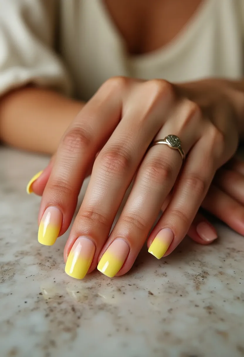 The nail design features a soft and cheerful color palette, transitioning from a natural pinkish hue at the base to a vibrant yellow at the tips, creating a gradient effect. The nails are neatly shaped into a moderate square form, lending a clean and polished appearance. The nail treatment appears to be a gel manicure, indicated by the high-gloss finish and the seamless blend of colors. This design is simplistic yet elegant, suitable for a spring or summer theme, capturing a sunny and bright aesthetic that exudes a happy, warm vibe. There are no additional intricate patterns or decorations, allowing the gradient effect to take center stage.