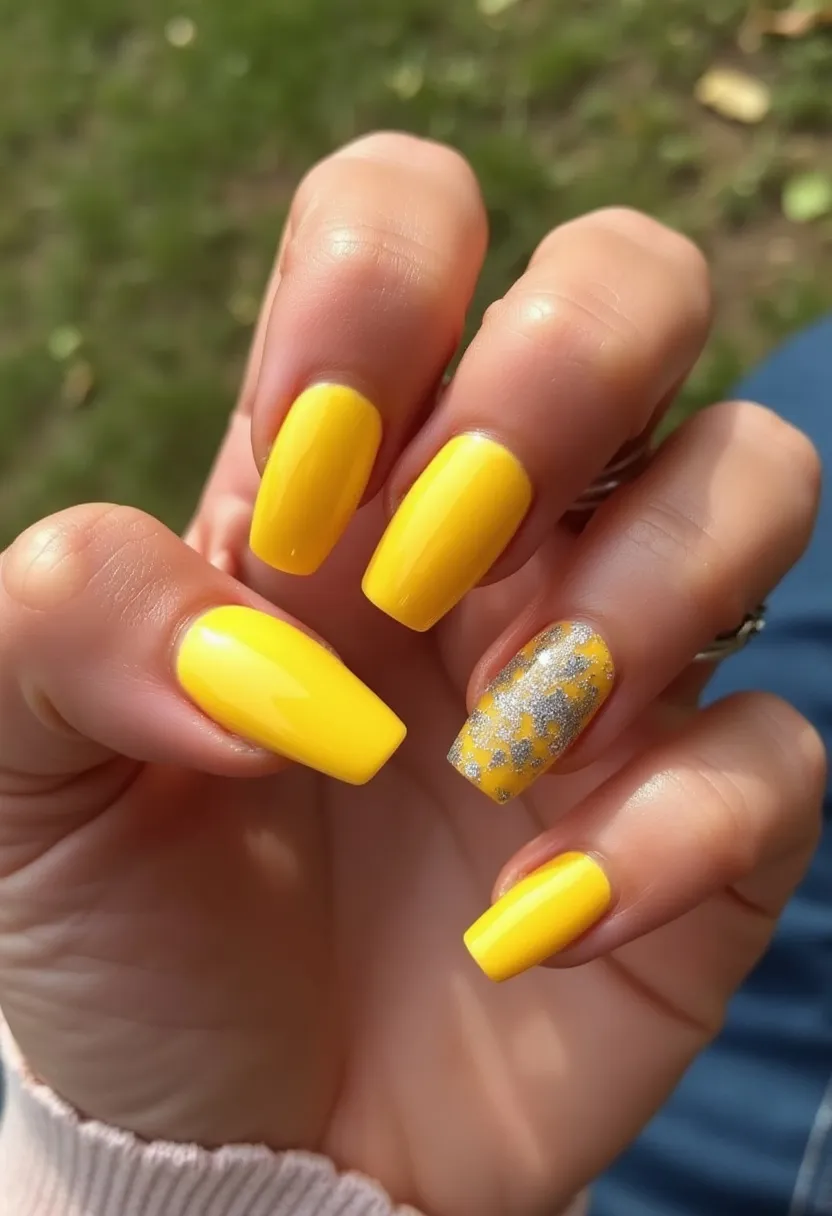 The nail design features a bright and vibrant yellow color palette, creating a cheerful and eye-catching look. The nails are shaped in a medium length square form, providing a modern and polished appearance. The ring finger serves as an accent nail, decorated with intricate silver glitter flakes over the yellow base, adding a touch of sparkle and contrast. This decorative element brings an additional layer of sophistication and highlights the overall design. The finish suggests a glossy treatment, possibly gel or acrylic, enhancing the durability and shine of the nails. The vivid yellow color combined with the glitter detail makes this nail design particularly suitable for summer or festive occasions, giving a lively and celebratory vibe.