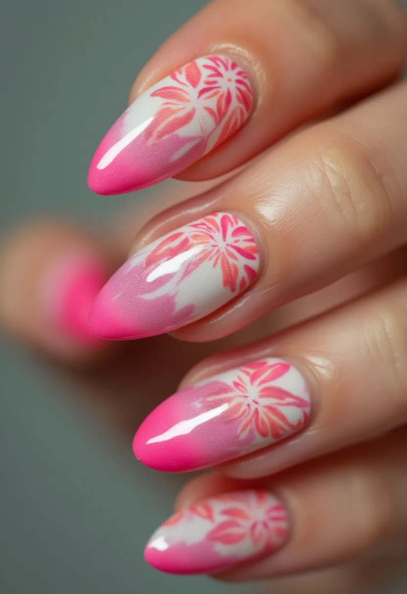 This nail design features a vibrant color palette consisting of pink hues and white, suitable for a cheerful and elegant look. The nails have an almond shape, which is flattering and provides a delicate, feminine touch. The design is intricate, featuring a gradient effect where the base starts with a white color transitioning into pink towards the tips. Spread across the nails are intricately painted floral patterns in shades of pink and white, adding a touch of artistic elegance. The treatment appears to be either gel or acrylic, providing a glossy and durable finish. This design is perfect for spring or summer seasons, with its bright colors and floral theme making it suitable for weddings or other festive occasions.