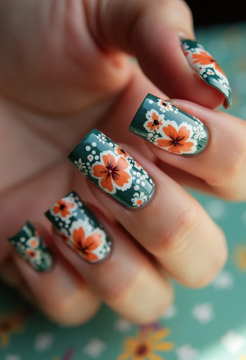 This nail design features a dark green base color with intricate floral patterns in vibrant shades of orange, white, and black accents. The nails are medium to long in length and shaped in a square style, giving them a modern and structured appearance. The decoration includes detailed hibiscus-like flowers, which possibly evoke a tropical or summer theme, making the design ideal for the warmer seasons or special occasions such as beach weddings or vacations. The nail treatment appears to be either gel or acrylic due to the glossy and smooth finish, which enhances the longevity and durability of the design. The overall effect is both eye-catching and elegant with a professional level of detail.