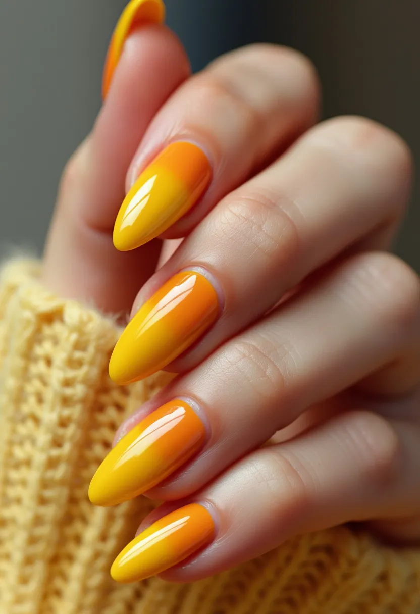 The nail design showcases a warm and vibrant color palette, primarily featuring a gradient blend from bright yellow to deep orange. The nails are shaped in a stiletto style, characterized by their pointed tips and elongated form. The intricate ombre pattern seamlessly transitions from the tips to the base, creating a visually striking effect that adds depth and dimension. The glossy finish, likely achieved through a gel treatment, enhances the vivid colors and gives the nails a sleek, polished appearance. This design exudes a cheerful, summery vibe, making it an ideal choice for warm weather and festive occasions.