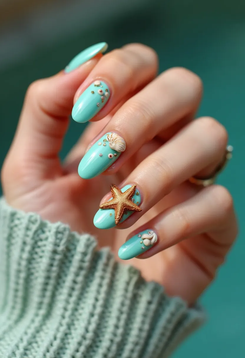 The nail design features a bright seafoam green color palette that evokes a summery, beachy feel. The nails are almond-shaped and are treated with gel polish, giving them a smooth and glossy finish. Each nail is adorned with intricate marine-themed decorations including golden starfish, seashells, and small gemstone embellishments that add a touch of sparkle. The detailed 3D decorations are meticulously placed, enhancing the overall nautical theme and suggesting a design perfect for summer or a tropical vacation. This carefully constructed look with its intricate touches and vivid color captures the essence of a coastal celebration or ocean-inspired event.