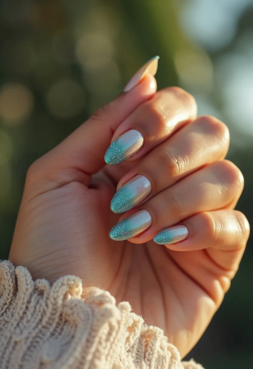 This nail design features a beautifully blended color palette with a gradient from a soft, pearlescent white at the nail bed to an aqua glitter at the tips. The nails are almond-shaped, providing a sleek and elegant look. The intricate gradient pattern, transitioning seamlessly from a lighter shade to a glittery aqua, adds a touch of sophistication and flair. The glitter effect suggests that the nails have undergone a gel or dip powder treatment, known for their long-lasting and durable finishes. The shimmering aqua tips evoke a reminiscent feel of a beach or oceanic theme, making it perfect for summer or tropical vacations.