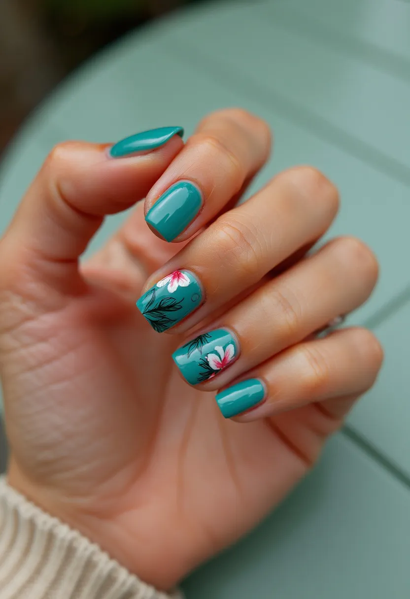 The nail design features a vivid teal color palette that serves as the base for the nails. The nails are shaped in a neat, short square form, contributing to a clean and polished look. There are intricate floral patterns on two of the nails, showcasing a combination of white and pink flowers with delicate black leaves, adding an artistic touch. This design appears to be executed using gel nail treatment, providing a glossy and durable finish. The floral motifs and vibrant colors suggest a connection to a spring or summer theme, making it suitable for a festive or special occasion during these seasons.