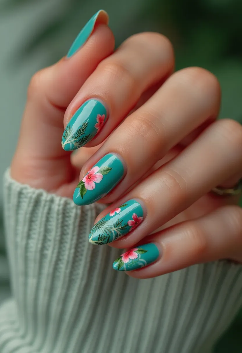 The nail design features a vibrant teal color as the base, on almond-shaped nails, showcasing a glossy finish suggestive of a gel or shellac treatment. Adorning the nails are intricate floral patterns, with pink blossoms and delicate green leaves, meticulously detailed to create a lush, botanical effect. This design, with its bright and fresh color palette and intricate floral motifs, evokes a summery, tropical theme, perfect for warm-weather occasions or a festive celebration. The overall aesthetic is both playful and elegant, combining vivid colors with detailed artistry for a striking appearance.