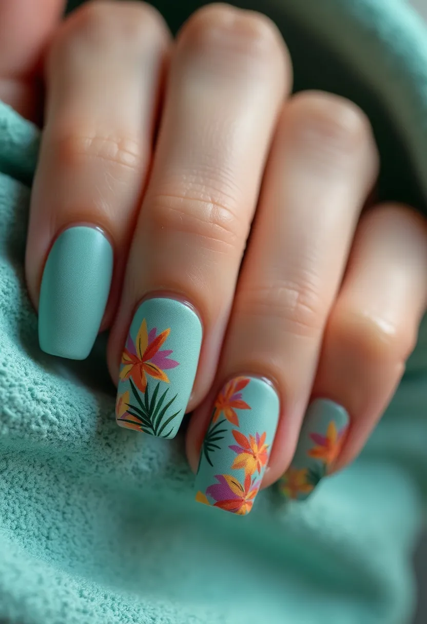 This nail design presents a captivating and sophisticated look, utilizing a cool, pastel turquoise color palette as the base. The nails are shaped in a square style with clean, precise edges. Adorning the nails are intricate floral patterns featuring vibrant, tropical hues of pink, orange, and yellow, complemented by green leaf accents. These floral designs evoke a summery, tropical theme, suggesting a fresh and lively feel perfect for warm weather or a vacation. The finish appears to be a matte gel treatment, providing a smooth and elegant texture. The meticulous detail in the floral art adds depth and a touch of artistic flair, making this design fitting for both casual and special occasions.