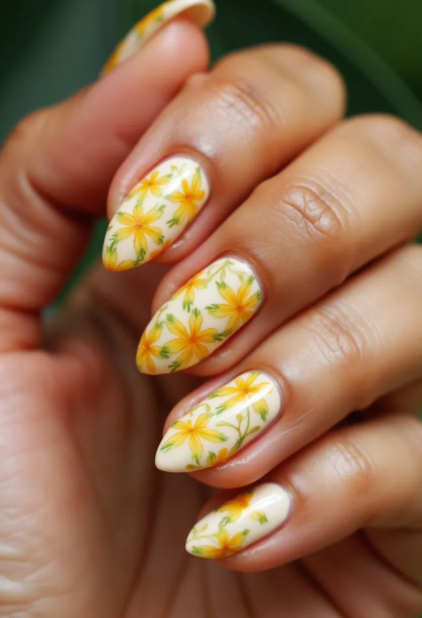 The nail design features a vibrant and elegant floral motif, perfect for the spring or summer season. The nails are almond-shaped, providing a delicate and feminine look. The color palette includes a creamy off-white base with detailed and intricately painted yellow flowers and green leaves, giving a fresh and lively appearance. The flowers are meticulously crafted, showcasing shades of yellow with fine green accents that add depth and realism. The nail treatment appears to be a glossy gel finish, enhancing the design's longevity and giving the nails a sleek and polished look. This design is ideal for special occasions or to simply celebrate the beauty of nature.