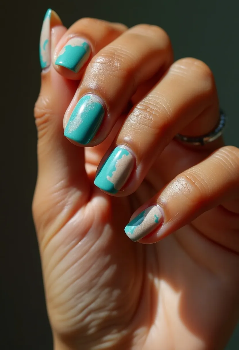 This nail design features a striking color palette dominated by a vibrant teal and contrasted with soft, sandy beige accents. The nails are medium length and shaped into a soft almond form. The design is intricate, with a pattern that resembles abstract clouds or waves in the sky, creating a harmonious blend of teal and beige. Given the smooth and glossy finish of the nails, it is likely that a gel treatment was used to achieve this look. This design could be associated with a breezy coastal theme, perfect for summer or a beach-themed occasion. The artistic combination of colors and patterns gives these nails a unique and stylish appearance.