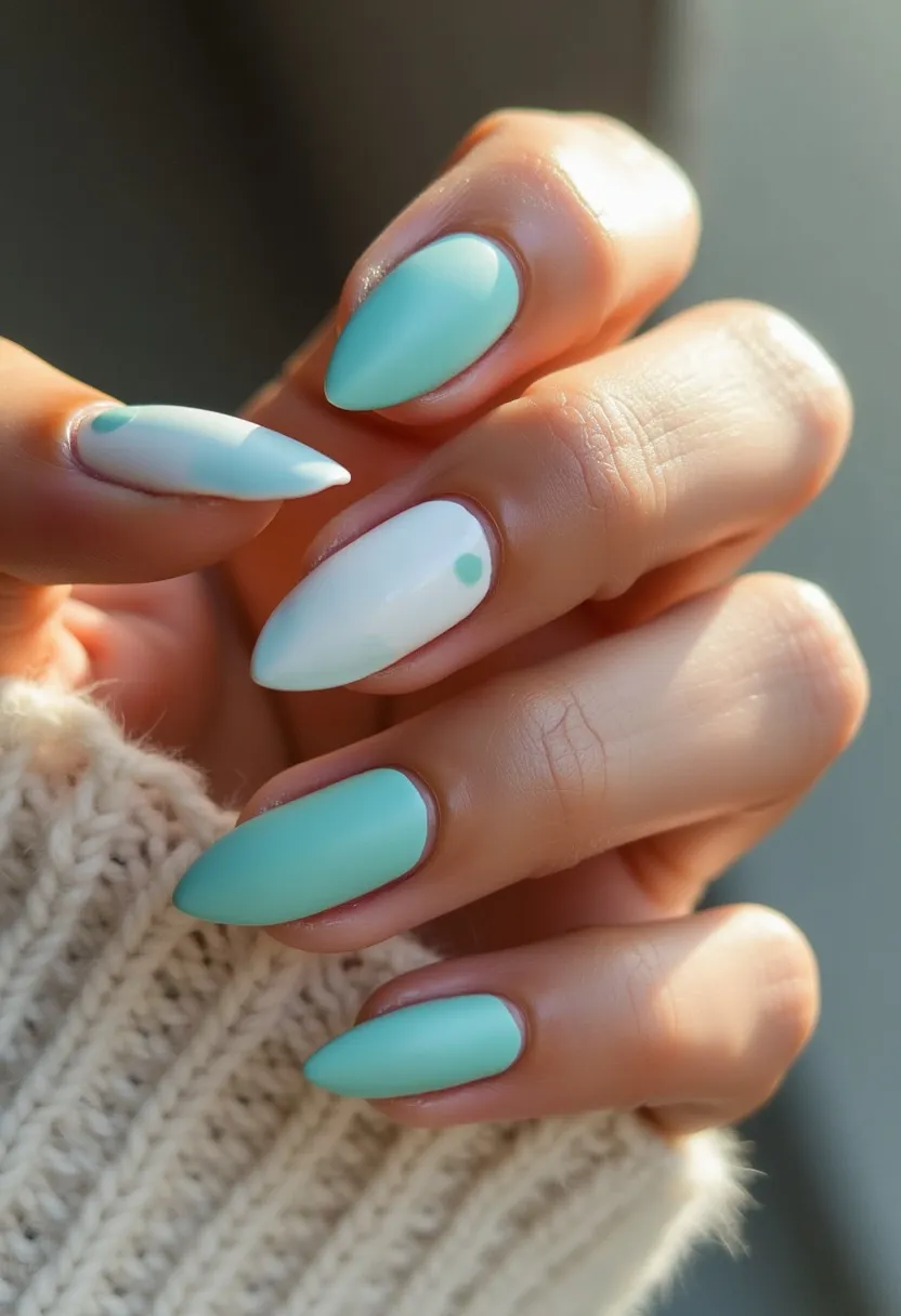 The nail design features a harmonious color palette of soft mint green and white, creating a fresh and clean aesthetic. The nails are long and almond-shaped, offering an elegant and refined look. The mint green covers most of the nails, with one nail on each hand having a white base adorned with a small singular mint green dot near the cuticle. This simple yet striking pattern adds a touch of sophistication and interest to the design. The finish appears smooth and even, typical of gel nail treatments, ensuring longevity and a glossy appearance. This design could be ideal for springtime or a special occasion that calls for a subtle yet stylish look.