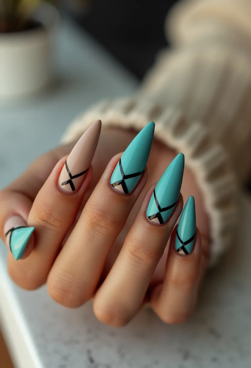 This nail design features a striking color palette primarily composed of teal and nude shades. The nails are shaped in a pointed stiletto style, adding a dramatic flair to the overall look. Each nail showcases intricate black diagonal line patterns that form a unique geometric design, creating a visually appealing contrast against the solid color. The finish appears to be a sleek and glossy gel treatment, enhancing the vibrant hues and intricate patterns. The design does not seem to align with a specific seasonal theme but exudes an elegant and modern aesthetic suitable for various special occasions such as parties or formal events.