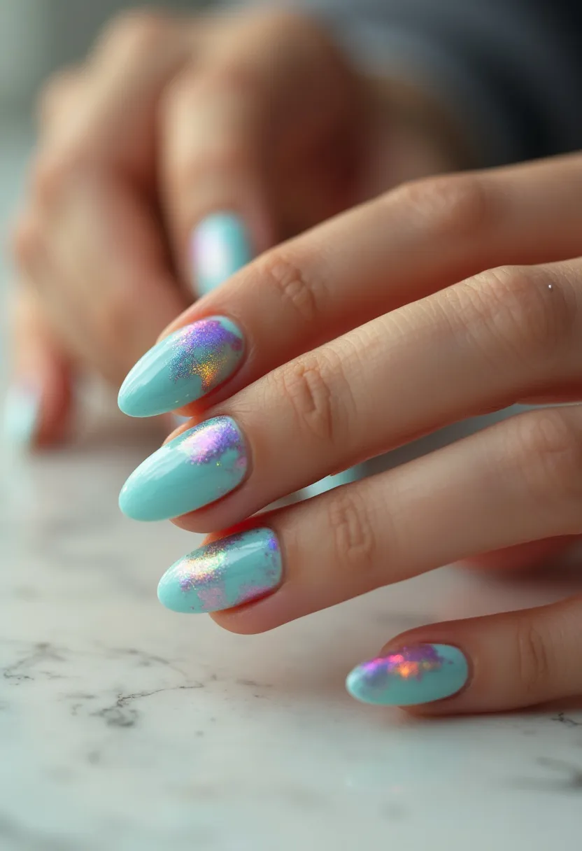 The nail design features a light mint green base color that exudes a refreshing and vibrant aesthetic. The nails are shaped in an almond silhouette, offering an elegant and elongated look. On some of the nails, intricate holographic patterns are visible, showcasing a mesmerizing blend of iridescent hues in pink, purple, and gold. This design appears to utilize gel polish, providing a glossy, durable finish. The holographic effect adds a unique and trendy touch, making it suitable for a fun, statement-making look, likely ideal for special occasions or seasonal events such as spring or summer celebrations.