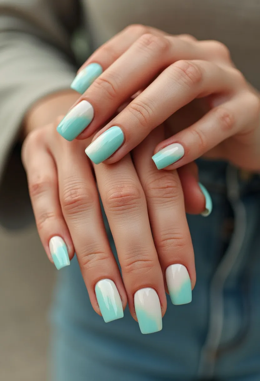 The nail design showcases a chic combination of pastel shades, primarily featuring a gradient from mint green to white. The nails are filed into a medium length with a square shape, offering a neat and modern appearance. The intricate pattern includes a smooth, seamless ombre effect that transitions from a rich mint green at the tips to a clean white at the base. This design appears to be achieved using a gel nail treatment, ensuring a glossy and durable finish. The cool pastel colors and the soft gradient create a refreshing look, making it perfect for spring or summertime occasions.