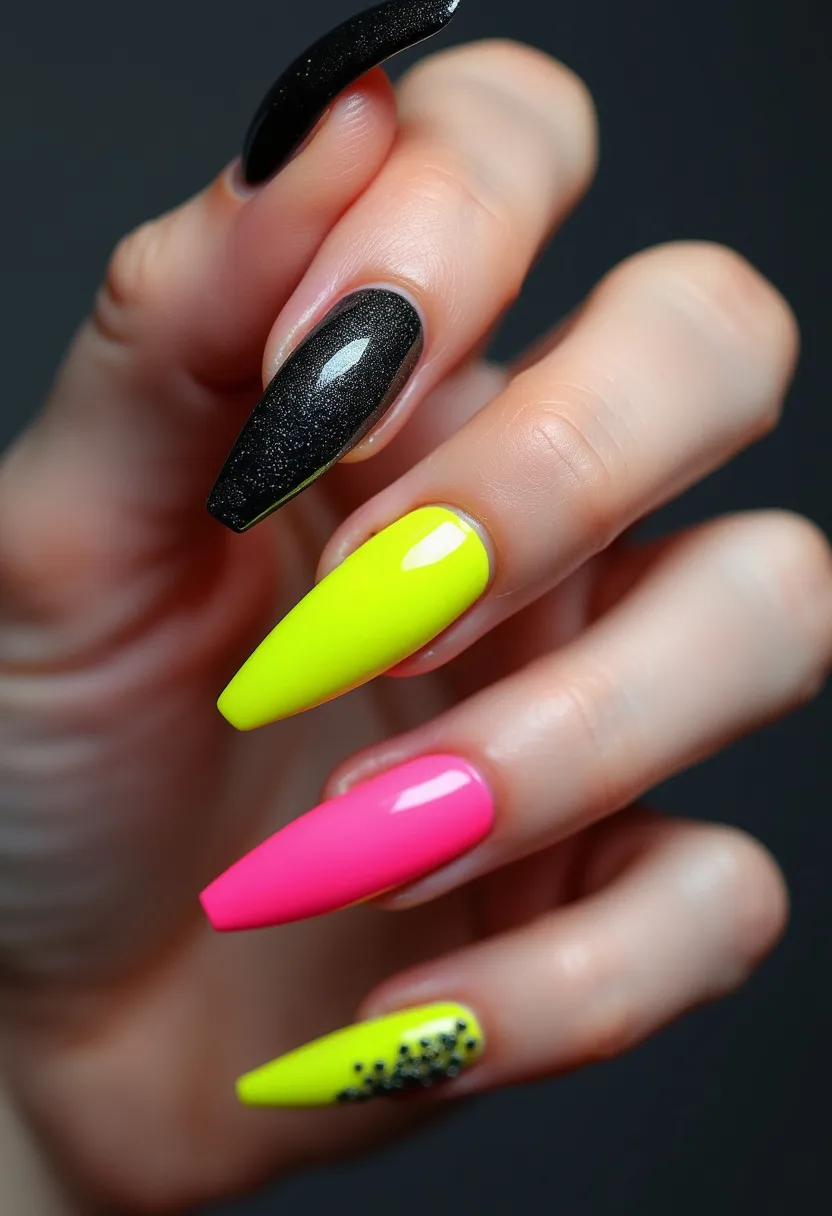 This nail design features a vibrant color palette of black, neon yellow, and bright pink. The nails are long and coffin-shaped, giving a modern and edgy aesthetic. Each nail showcases a different look: two nails are painted solid black with a shimmering finish, two are solid neon yellow, and one is solid bright pink. One of the yellow nails is adorned with small black, spherical decorations near the cuticle, adding a playful and intricate detail to the design. The nails appear to be treated with gel polish, offering a glossy and durable look. This bold and colorful nail design could be perfect for summer or festive occasions, providing a striking and fashionable statement.