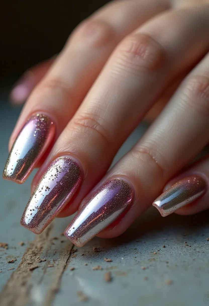 The nail design features a stunning chrome finish that blends metallic silver with a delicate, gradient pink hue towards the base. The nails are long and shaped in a tapered square style, beautifully elongating the fingers. Embedded in the chrome finish are fine gold glitter accents, adding a touch of sparkle and glamour. This design appears to be created using gel polish, recognizable by its high-shine and smooth appearance. The combination of metallic and glitter elements makes this nail design particularly suitable for festive seasons or special occasions, suggesting an elegant and celebratory theme.