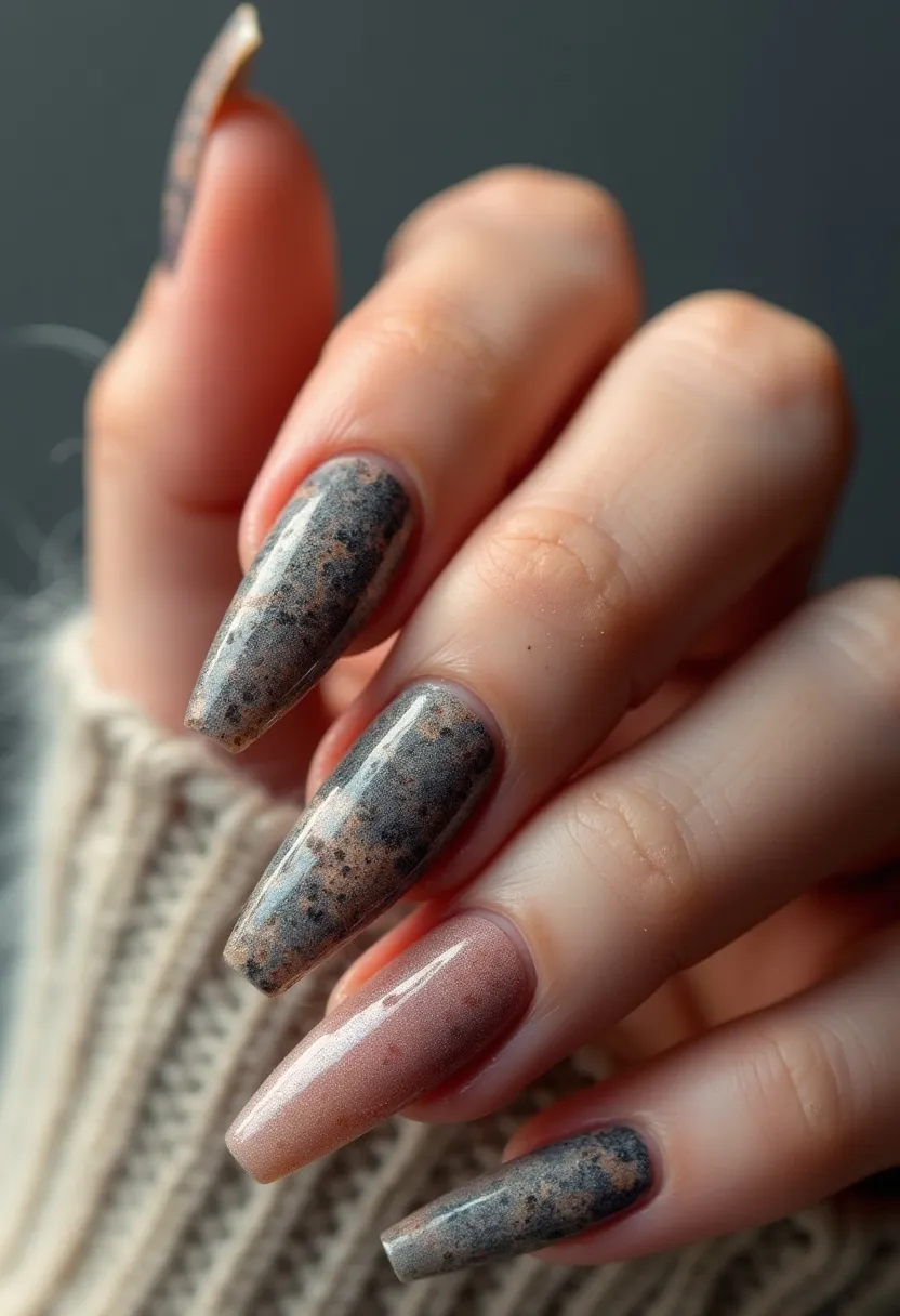 The nail design features a stunning combination of earthy tones and marble-like textures, providing a sophisticated and unique aesthetic. The color palette primarily includes shades of dark gray, brown, and black with occasional specks of lighter colors, creating a granite effect. The nails are almond-shaped, offering an elegant and elongating silhouette. Most nails exhibit an intricate stone pattern, while one nail stands out with a solid, shimmery mauve-pink finish, adding a touch of contrast and glamour. This nail art appears to be created using gel polish, given the high-gloss finish and the complex detail work. The design is versatile and can be worn for special occasions or as a chic everyday look, especially fitting for the autumn or winter season due to its earthy, muted color scheme.