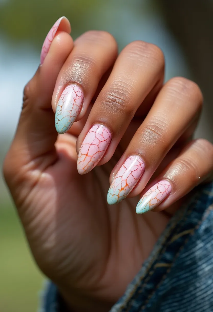 This nail design features a soft, pastel color palette with shades of pale pink and light blue. The shape of the nails is almond, creating an elegant and modern look. Intricate crackle patterns decoratively run across each nail, with the crack lines being highlighted in contrasting colors like orange and red, offering a striking effect. The nail treatment appears to be gel, ensuring a glossy and durable finish. The combination of delicate hues and crackle design points to a spring or summer seasonal theme, making the nails suitable for occasions where a fresh and vibrant look is desired.