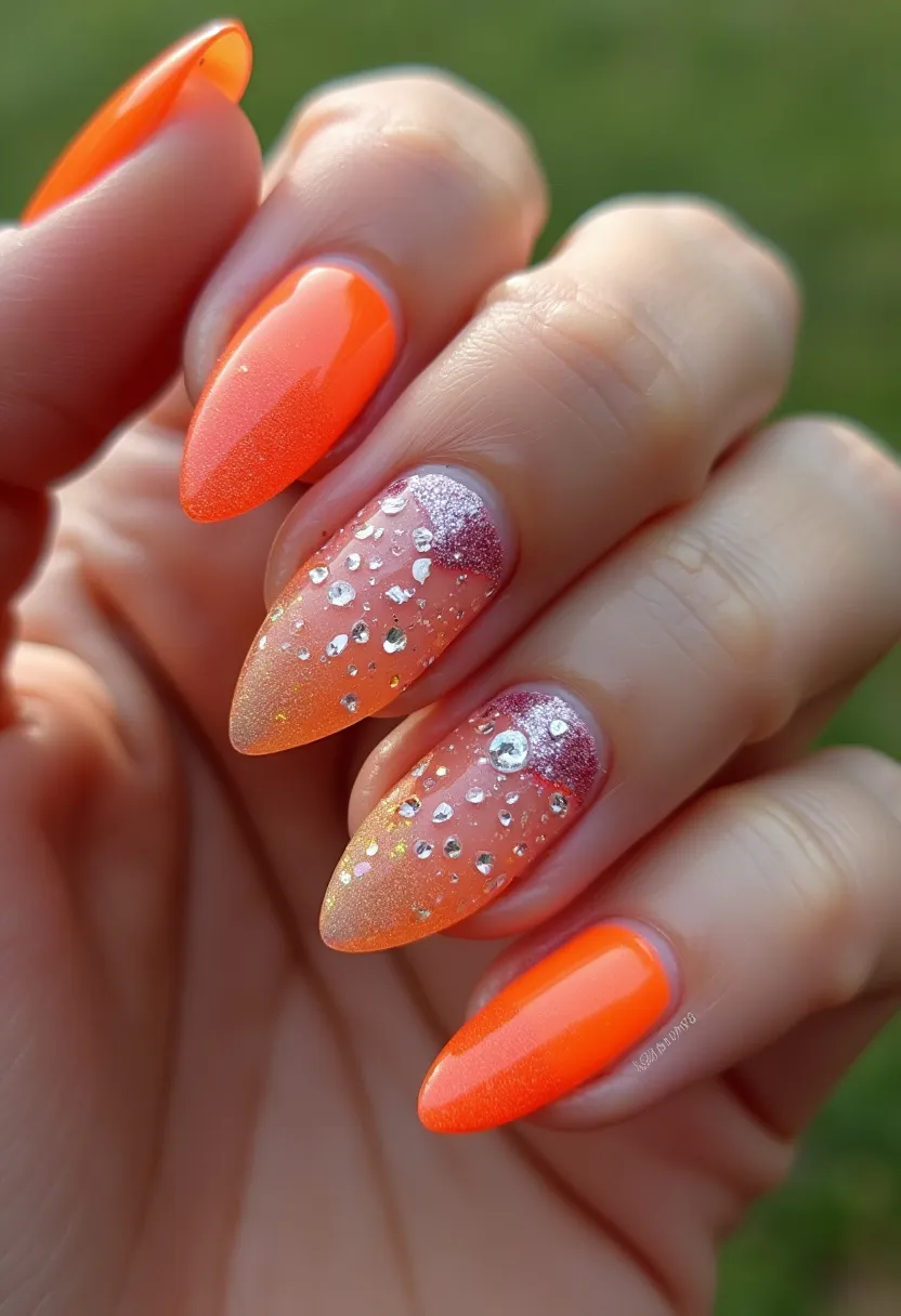 The nail design features a bright and bold color palette with shades of vibrant orange and glittery pink. The nails are shaped in a sharp, almond style, giving them an elegant and edgy appearance. The design includes intricate decorations such as rhinestones and glitter, adding a touch of glamour and sparkle. The type of nail treatment appears to be gel, known for its glossy finish and durability. The incorporation of rhinestones and glitter suggests a festive or celebratory theme, making it suitable for special occasions. The glitter gradient and the strategic placement of rhinestones enhance the overall aesthetic and detail of the design.