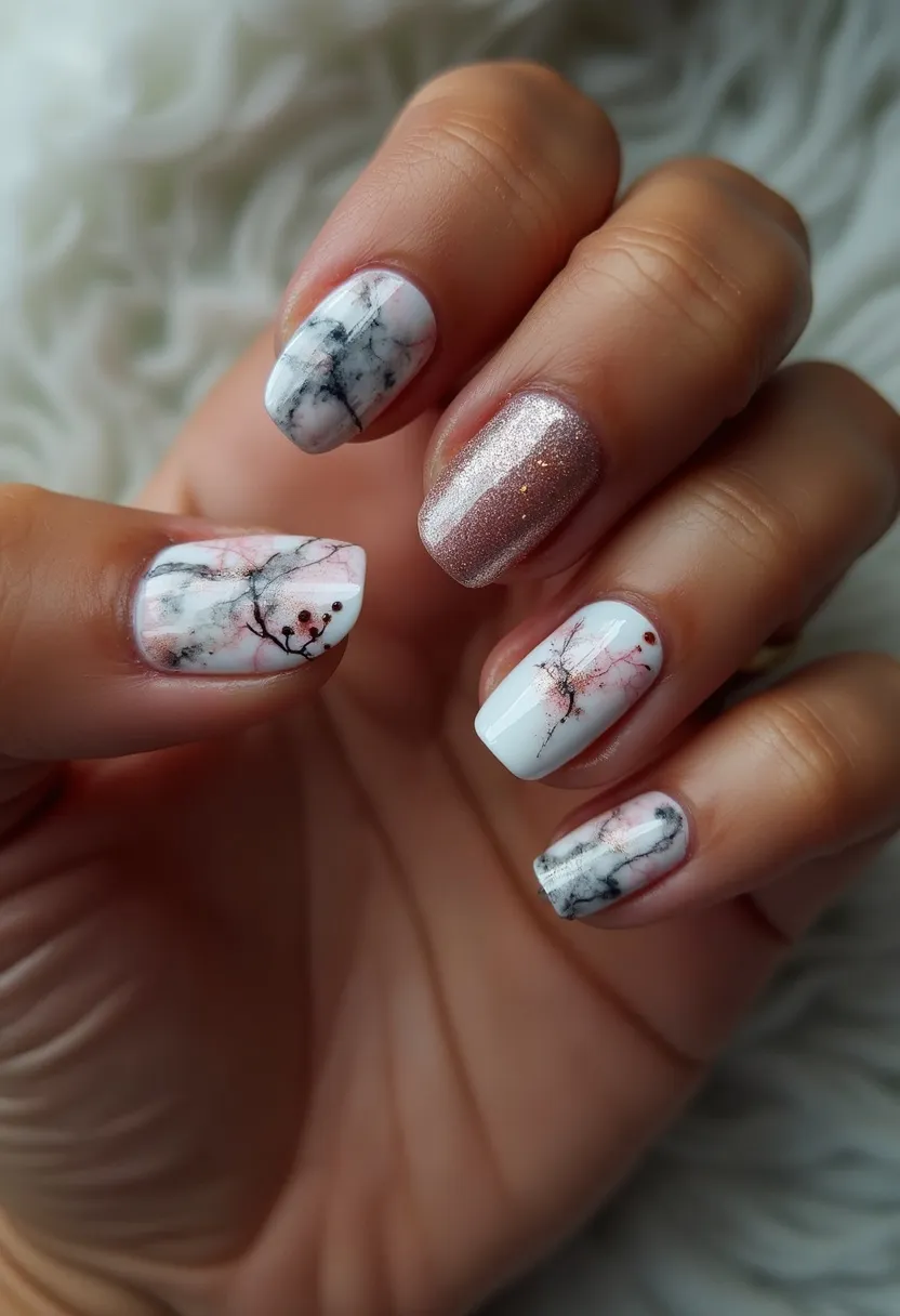 The nail design showcases a sophisticated and artistic palette consisting mainly of white, grey, black, and a hint of blush pink, with one nail adorned in a glittery rose gold shade. The nails are medium in length and shaped in a rounded square. Most of the nails feature a marble pattern with intricate black and blush pink veining, and some details depict delicate branches with tiny red dots representing berries, indicating a possible winter or early spring theme. One nail is entirely covered with a glittery, shimmering rose gold polish, adding a touch of glamour. The sleek, glossy finish typical of gel or shellac treatments provides a polished and professional look, perfect for special occasions or festive celebrations.