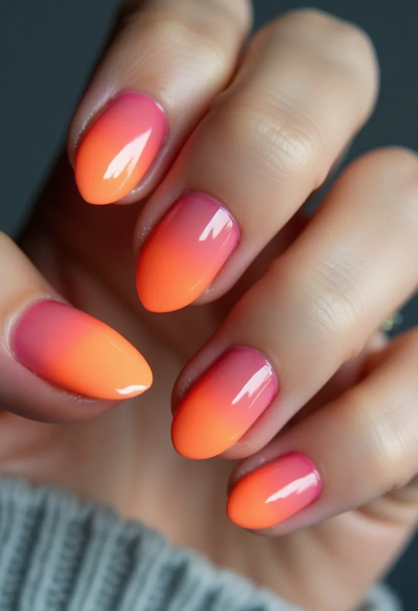 The nail design features a vibrant gradient, transitioning smoothly from a rich pink at the cuticle to a striking orange towards the tips. The nails are almond-shaped, providing an elegant and elongated look. This design likely employs a gel treatment, given the high-gloss finish and smooth blend of colors. The gradient effect adds a modern and eye-catching element, making it suitable for summer or beach-themed occasions. The overall look is bright, cheerful, and polished, making it perfect for adding a pop of color to any outfit.