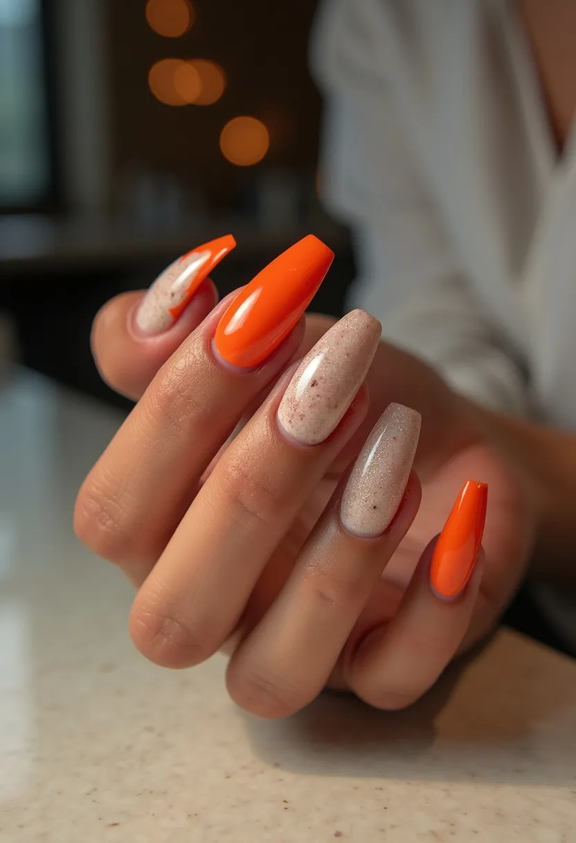 The depicted nail design features a striking color palette of bright orange and a neutral beige with subtle speckles, creating a beautiful contrast. The nails are long and coffin-shaped, providing an elegant canvas for the vibrant colors. Some nails are painted in a solid, glossy orange, while others showcase a soft beige base with delicate specks, giving a subtle texture and depth to the design. The nails appear to be treated with gel polish, evident by the high-gloss finish and flawless application. This design, with its bold orange hues, has an autumnal feel, perfect for seasonal festivities or making a statement at any special occasion.