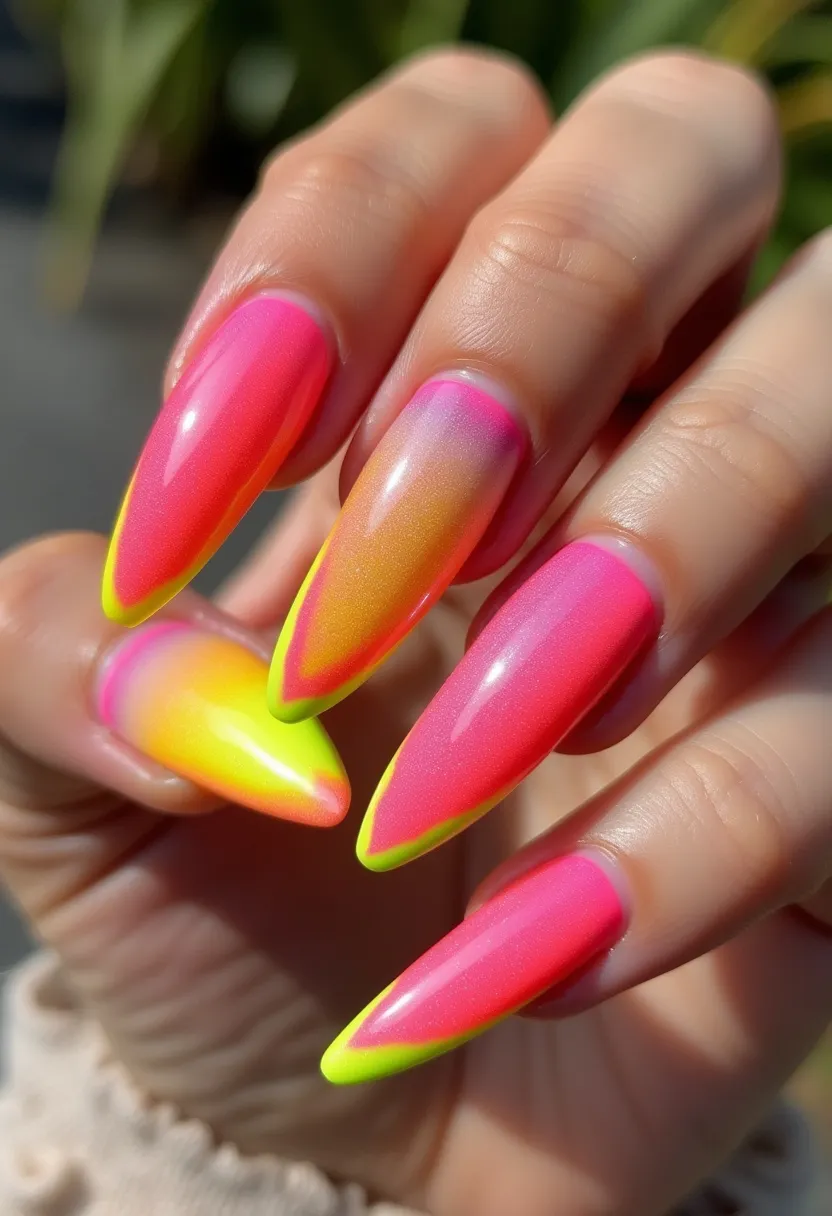 The nail design showcases an elongated stiletto shape, featuring a vibrant color palette that includes shades of neon pink, bright yellow, and orange, creating a striking ombre effect. The nails are decorated with a gradient that seamlessly blends from pink at the base to yellow at the tips, emphasized with a neon yellow outline along the edges, enhancing the overall design. The likely treatment used for this intricate and glossy finish is gel, ensuring durability and a high-shine effect. This energetic and lively design is perfect for the summer season, complementing sunny weather and vibrant, festive occasions.