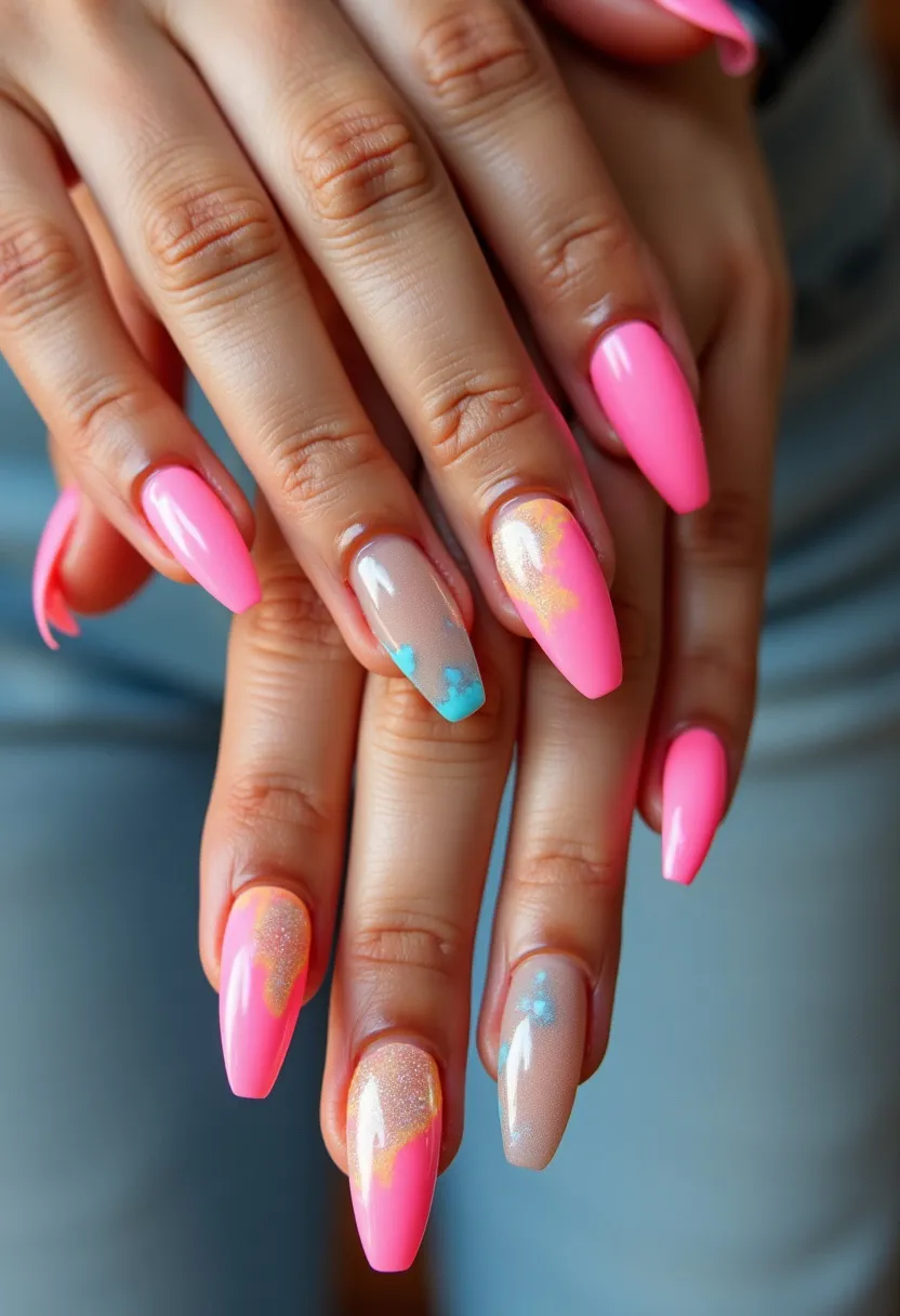 The nails in the image feature a bright and vibrant color palette dominated by neon pink and complemented with soft pastel shades and glitter. The nail shape is a long, tapered almond, which gives a sophisticated and elegant look. Intricate patterns include abstract pastel-colored designs and subtle glitter accents, adding a touch of whimsy and sparkle to the nails. Some nails include small, delicate blue and yellow details that resemble flowers or butterflies, enhancing the overall aesthetic. The nail treatment appears to be gel, given the glossy, smooth finish and the intricate detailing present in the design. The combination of bright neon colors with pastel and glitter accents suggests a fun, summery theme, perfect for the spring or summer season or special occasions like vacations or festivals.