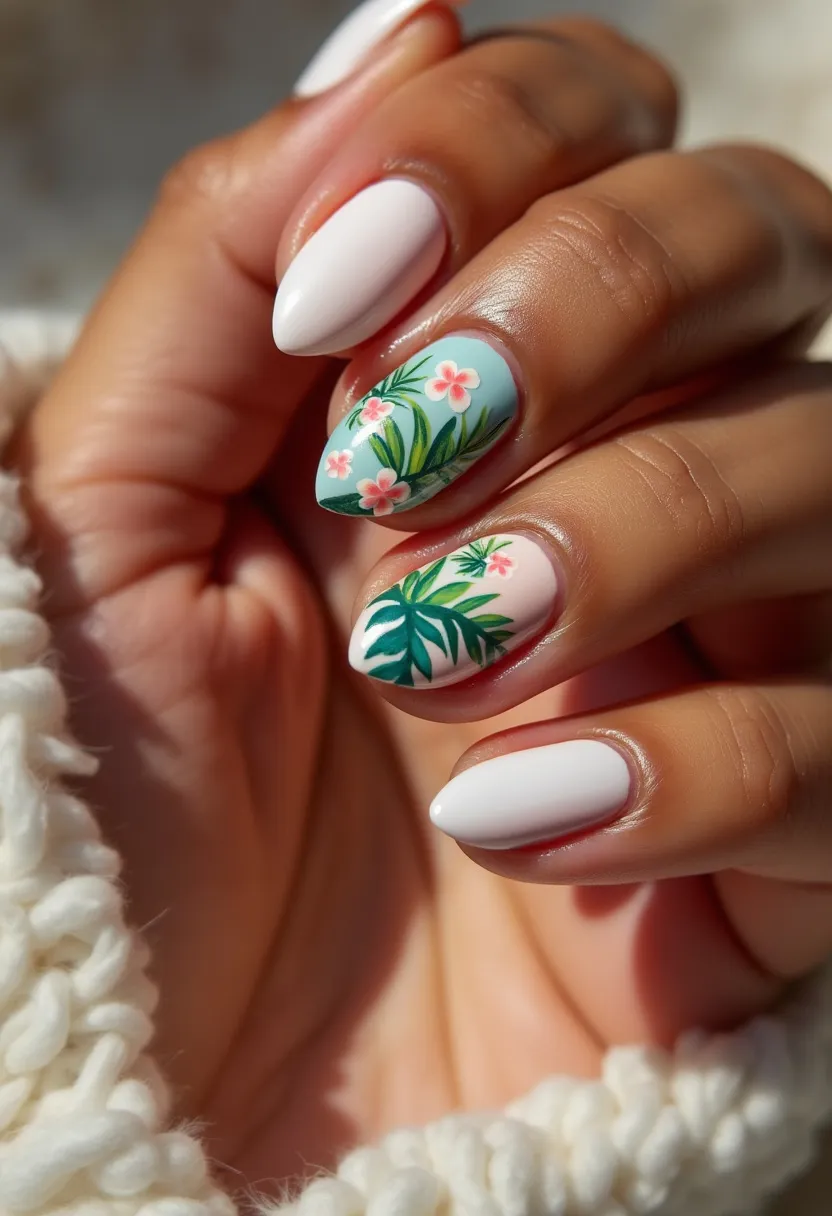 The nail design showcases a delicate and sophisticated aesthetic with a pastel color palette emphasizing shades of white and soft pink. The nails are shaped in a rounded almond form, providing an elegant and elongated appearance to the fingers. Two of the nails feature intricate hand-painted floral and botanical patterns with small pink flowers and green leafy accents, highlighting a tropical or spring theme. These detailed designs appear against a muted, contrasting background, enhancing their visibility and adding depth to the overall look. The remaining nails are painted in a solid white color, creating a clean and pristine finish. The nails likely employ a gel treatment, given the smooth and glossy appearance, ensuring durability and a polished sheen suitable for a fresh, vibrant look perfect for spring or a tropical getaway.