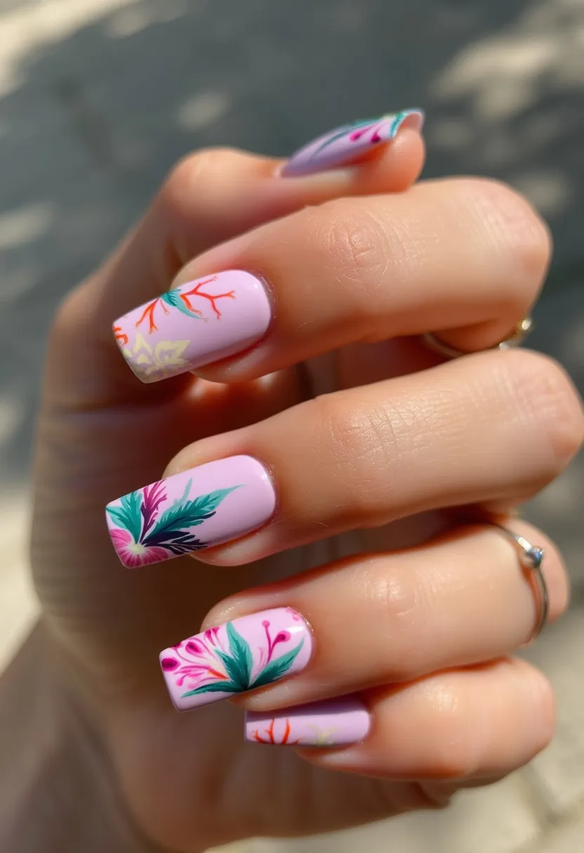 The nail design showcases a delightful and vibrant tropical theme with a pastel color palette dominated by shades of pale lavender and detailed with floral patterns in rich hues of green, red, yellow, and purple. The nails are medium-length with a square shape, providing a perfect canvas for the intricate decorations. The detailed floral patterns exude a summery vibe, featuring fine leaf motifs and delicate blossoms, suggesting a sense of refreshing nature. This design likely employs gel treatment, recognizable by its glossy and smooth finish, ensuring longevity and a brilliant sheen. The tropical theme and colorful blossoms make this nail design suitable for the summer season or festive occasions, adding a touch of elegance and fun to the overall look.