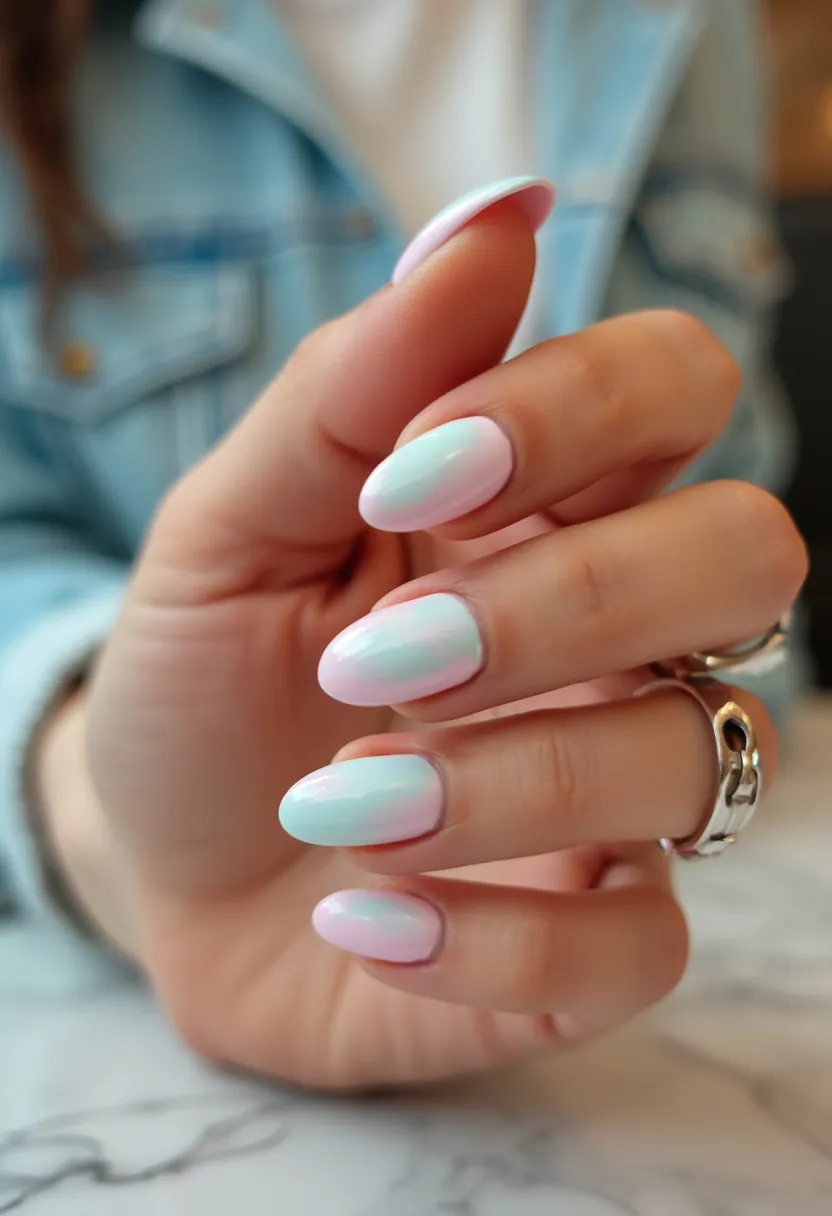 The nail design features an elegant almond shape with a smooth and glossy finish, indicative of a gel or shellac nail treatment. The color palette includes soft pastel hues of light blue and pink, creating a gentle gradient effect on each nail. The nails are simple yet chic, lacking any additional intricate patterns or decorations, making them versatile for various occasions. The overall aesthetic exudes a fresh and airy feel, making it suitable for spring or summer seasons. This design's delicate and understated elegance can complement both casual and more formal outfits, adding a touch of subtle sophistication.