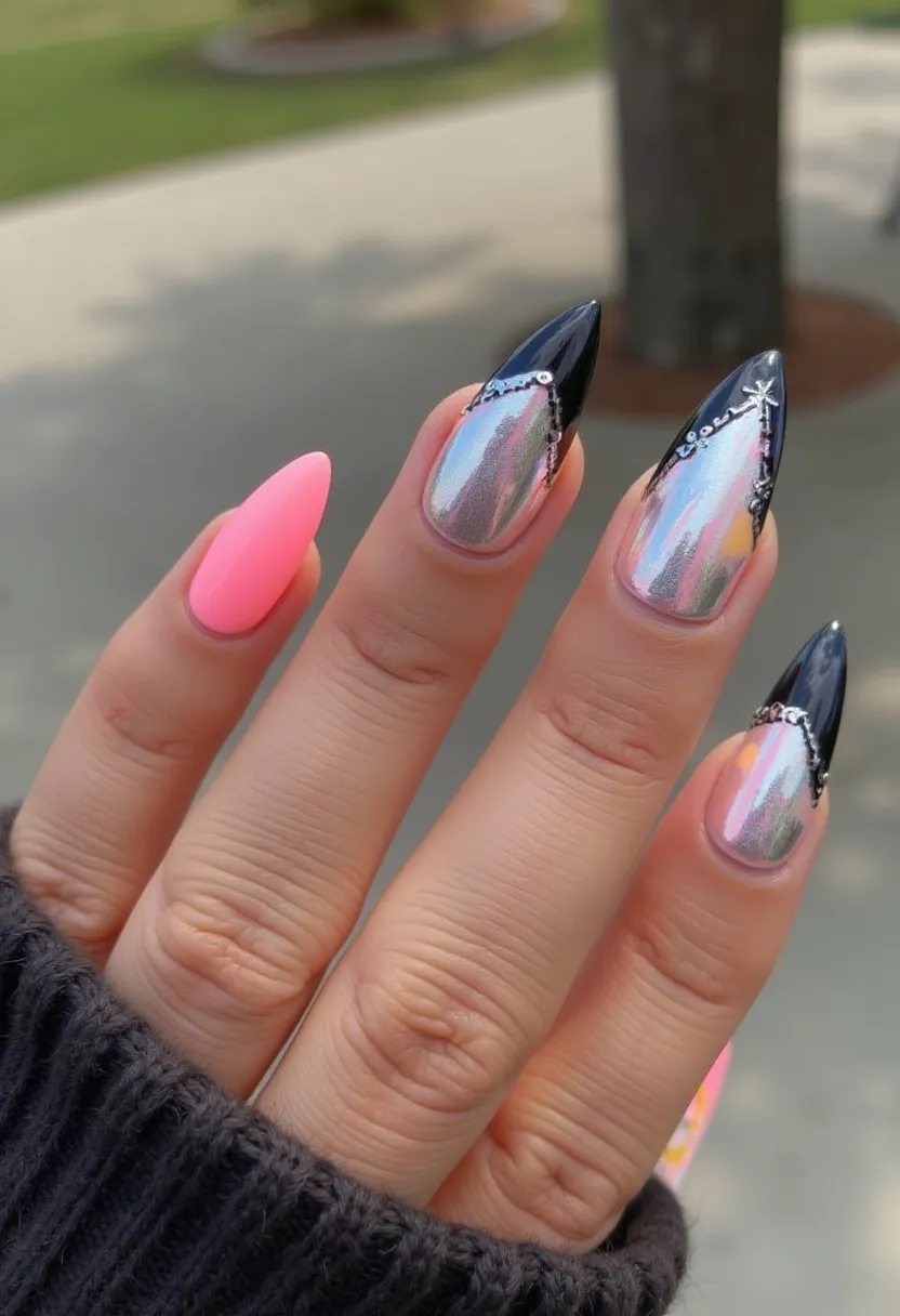 The nail design features a striking and modern aesthetic with an almond-shaped style. The color palette includes a bright, matte neon pink on the pinky finger, complemented by a mesmerizing iridescent silver base on the other nails. The iridescent nails are adorned with dramatic jet-black French tips, edged with a delicate arc of tiny silver rhinestones, creating an exquisite contrast. Additional embellishments include small silver star-shaped accents, adding an extra touch of sparkle. This nail art appears to be achieved using a gel or acrylic treatment, ensuring a glossy and sturdy finish. The design's vibrant yet elegant look suggests it could be suitable for both daily wear and special occasions, seamlessly bridging casual and formal aesthetics.