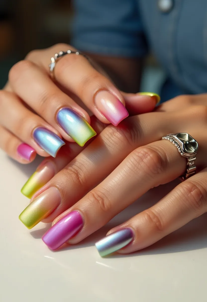 The nail design features a vibrant gradient color palette transitioning from hues of pink, blue, green, and purple, creating an eye-catching ombre effect. The nails are shaped into a tapered square or coffin style, providing a sleek and contemporary appearance. The polish used appears to have a glossy finish, possibly indicating a gel or shellac treatment, known for its durability and shine. This design incorporates smooth, blended transitions between colors without additional intricate patterns or decorations, highlighting the seamless ombre effect. Given the bright and varied colors, this nail design is likely intended for a fun, cheerful occasion or to complement a festive, summery theme.