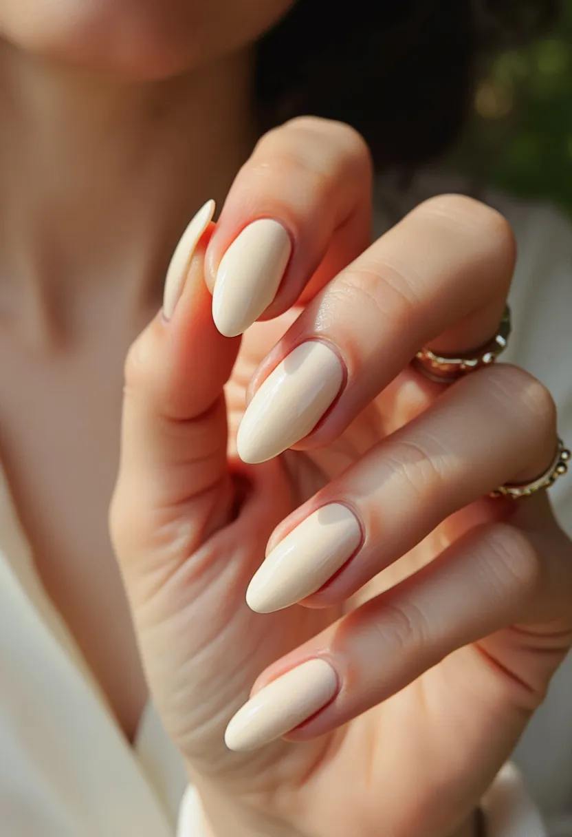 The nail design features a polished, cream-colored palette, offering a soft and elegant appearance. The nails are shaped in an almond style, emphasizing a sophisticated and elongated look. The design seems minimalist without intricate patterns or decorations, focusing on a smooth and glossy finish that is likely achieved through gel or shellac treatment. This manicure exudes simplicity and elegance, suitable for any season or special occasion, particularly those calling for a classic and refined aesthetic. The natural, neutral color enhances the versatility, making it an ideal choice for both everyday wear and formal events.