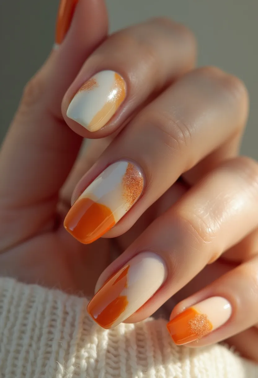 The nail design features a square shape with a vibrant color palette including shades of white, peach, and orange. The nails are decorated with abstract patterns, blending the colors smoothly and incorporating touches of glittery golden-orange accents. The treatment appears to be gel, providing a glossy and smooth finish. This design exudes a warm, autumnal theme suitable for fall festivals or seasonal celebrations. The combination of colors and the glitter highlights create an eye-catching and elegant appearance, perfect for enhancing any stylish look during the cooler months.