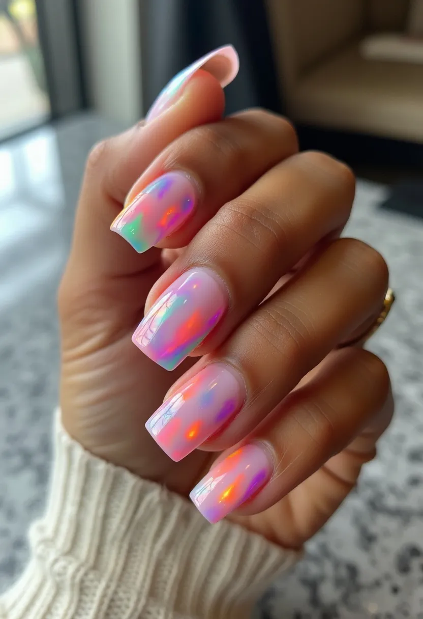 The nail design features a visually striking iridescent color palette that shimmers with various holographic hues, including pink, purple, and hints of orange and blue, giving a dynamic and eye-catching effect. The nails are shaped in a stylish coffin or ballerina form, characterized by their squared-off tips and tapered sides. This design appears to be achieved using a gel or acrylic nail treatment, known for providing a smooth and durable finish. The intricate patterns of this design create a mesmerizing effect reminiscent of an aurora borealis or opal stones, adding a unique and luxurious touch. The reflective quality of the design makes it suitable for festive occasions, particularly during the winter season, enhancing the nails' elegance and sophistication.