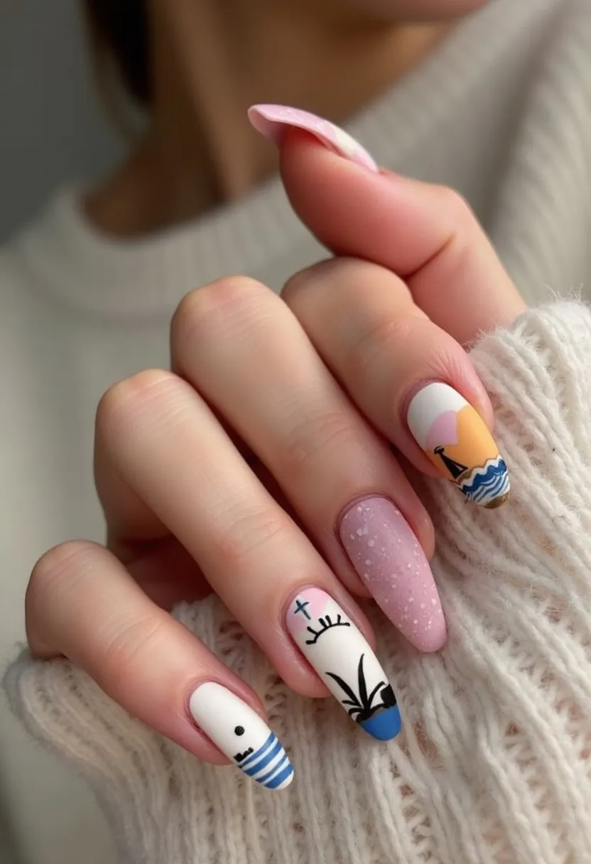 The nail design prominently features a palette of soft pinks, whites, blues, and a hint of black for detailing. The nails are shaped in a long almond style, enhancing their elegant appearance. Each nail depicts a unique design that suggests a theme reminiscent of summer or tropical vacations. One nail displays a serene beach scene with a sunset and waves, while another has a simple but artistic depiction involving blue stripes and abstract art with eyes and plants. The middle nail stands out with its solid soft pink color embedded with sparkles, adding a touch of glamour. This intricate art suggests a gel or acrylic treatment owing to the smooth, glossy finish and detailed artworks. The overall theme of this nail design is well suited for a warm-weather getaway or a festive summer occasion.