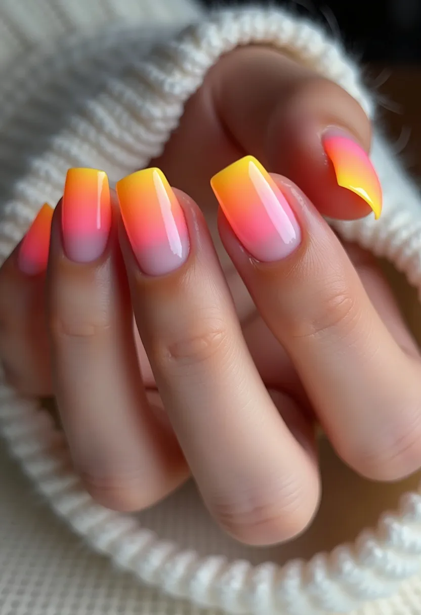 This nail design features a vibrant and eye-catching color palette with a gradient transition from pink at the base, through orange, and finishing with a bright yellow at the tips. The nails are shaped in a medium length with a square tip, creating a modern and chic effect. The gradient effect is smooth and meticulously blended, suggesting a professional gel application that provides a glossy and durable finish. This design is enhanced by its striking ombré technique, ideal for a summer or tropical theme, reminiscent of a sunset. The overall aesthetic conveys a cheerful and lively vibe, perfect for lively summer events or vacation settings.