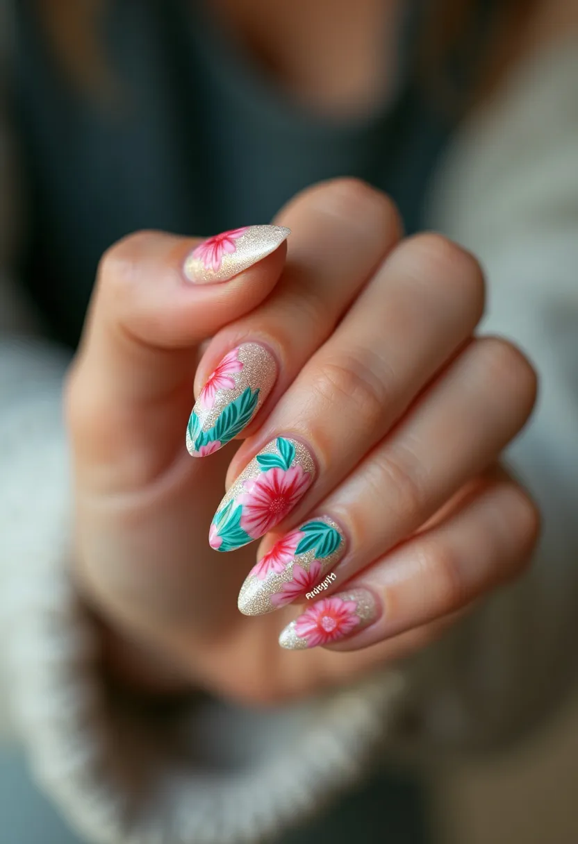 The nail design features a delicate and vibrant floral theme, ideal for a spring or summer occasion. The nails are medium-length and almond-shaped, providing a graceful canvas for the intricate artwork. The base color of the nails is a shimmery champagne or light golden shade, possibly achieved through gel polish for its glossy finish and durability. Each nail showcases beautifully detailed pink flowers with intricate white accents and green leaves, meticulously hand-painted to create a natural, garden-inspired look. The design is both elegant and fresh, making it perfect for special occasions or to add a touch of nature-inspired beauty to everyday wear.