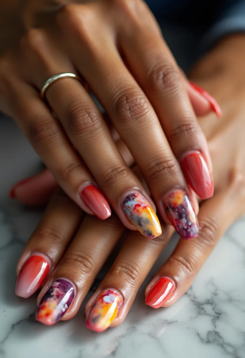 The nail design features a vibrant and artistic color palette consisting of bold reds, oranges, yellows, purples, and subtle hints of black and white. The nails are shaped in a medium-length coffin design, offering a sleek and modern look. Some nails are painted in solid red and coral shades, while the accent nails showcase intricate marbled patterns blending multiple colors to create a fiery, abstract effect. The finish appears to be smooth and glossy, suggesting a gel or shellac treatment that provides durability and a high-shine finish. The vivid color scheme and dynamic patterns evoke an autumnal theme, full of warmth and reminiscent of fall foliage, making this design perfect for the season.