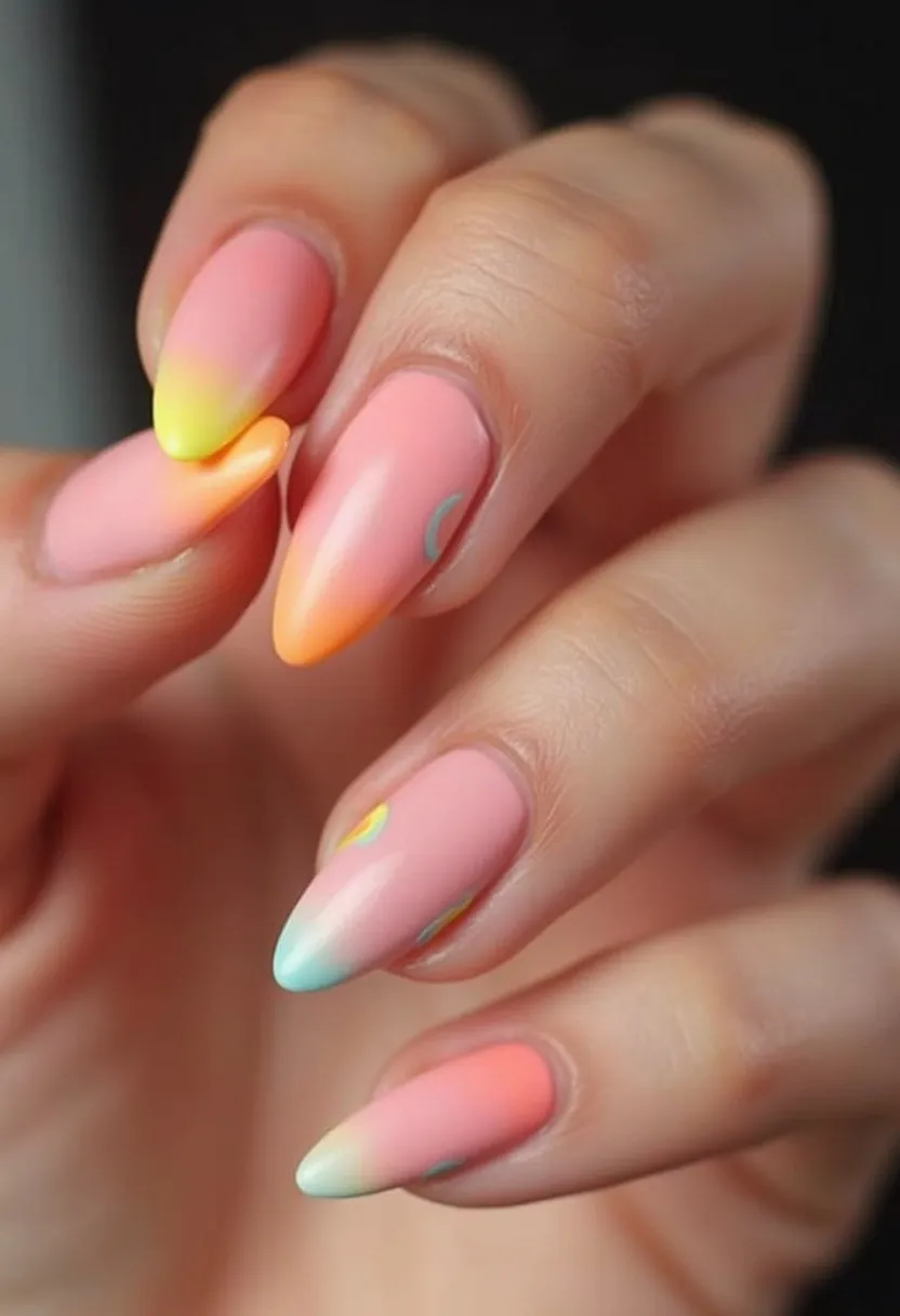 The nail design showcases an enchanting palette featuring a gradient of warm colors transitioning from a soft pink base to vibrant tips in hues of orange, yellow, and mint green. The nails are almond-shaped, providing an elegant and elongated look. Intricate decorations adorn some nails, including tiny crescent shapes and subtle dot patterns, adding a playful yet sophisticated touch. This nail art appears to be crafted using a gel or shellac treatment, ensuring a glossy and long-lasting finish. The design suggests a cheerful and summery theme, perfect for seasonal celebrations or special occasions that call for a touch of brightness and fun.