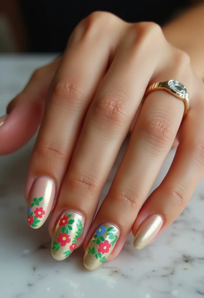 The nail design features an elegant and soft palette predominantly marked by a shimmering champagne gold base color. The nails are shaped in a medium-length almond shape, which adds a touch of sophistication and elongates the fingers elegantly. Intricate hand-painted floral patterns are notable on certain nails, highlighting vibrant red, pink, and blue flowers accented by lush green leaves, giving a lively, botanical theme to the design. The florals are delicately detailed, adding an artistic flair suitable for spring or summer occasions. The nails appear to have a gel treatment, giving them a smooth, glossy, and durable finish. This design is a perfect blend of chic simplicity and detailed creativity, suitable for special events or to brighten up everyday wear.