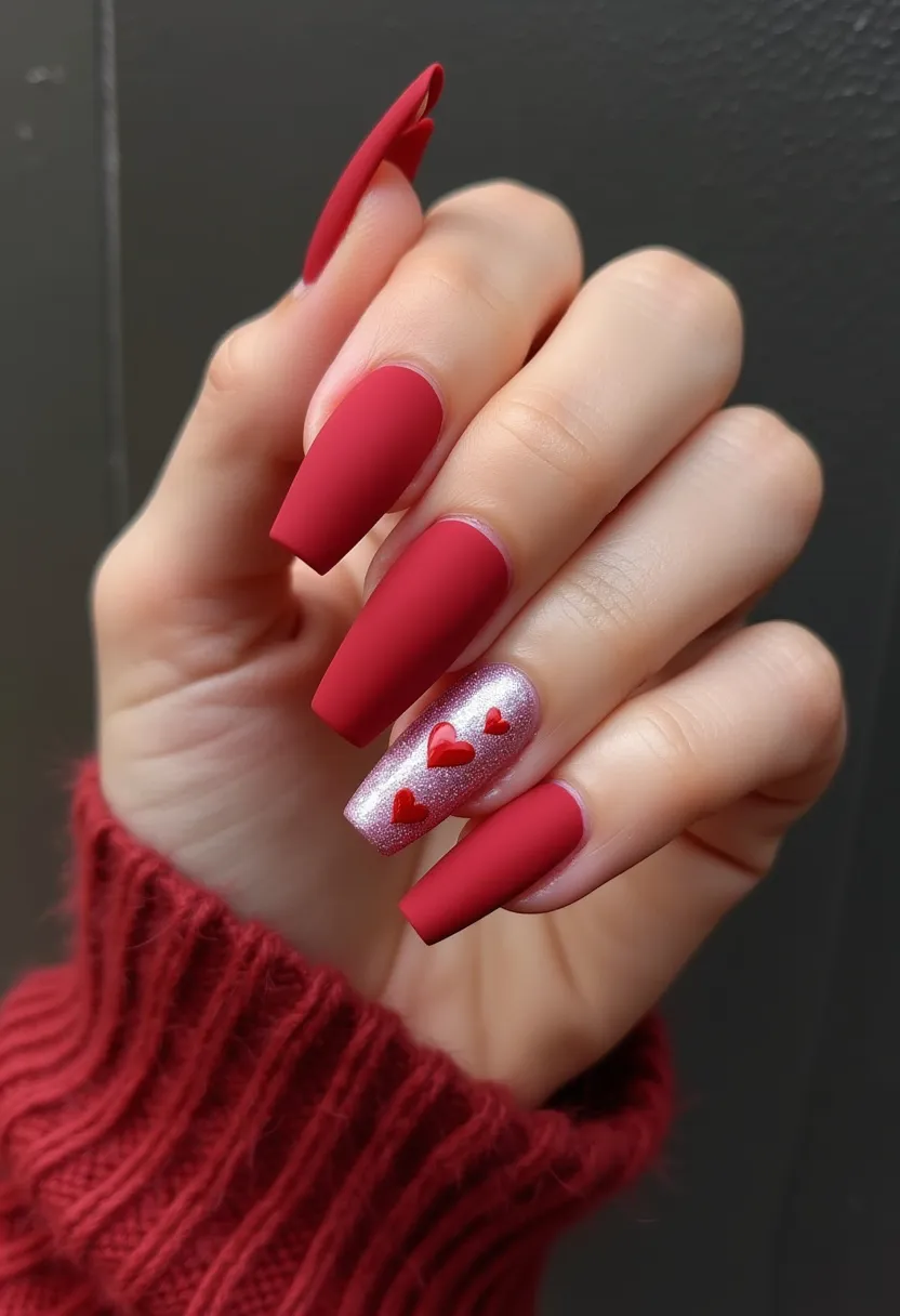 This nail design features a striking palette of deep, matte red and glittery silver. The nails themselves are long and have a coffin shape, giving them an elongated and elegant appearance. Most of the nails are painted in a solid matte red, but the accent nail, typically the ring finger, showcases a glittery silver base adorned with small, raised red heart decorations. This suggests a theme tailored towards Valentine's Day or a romantic occasion. The use of heart shapes and the combination of bold red with sparkling silver add a festive and decorative touch to the overall look. The design appears to be crafted using a gel treatment, given the smooth and polished finish.