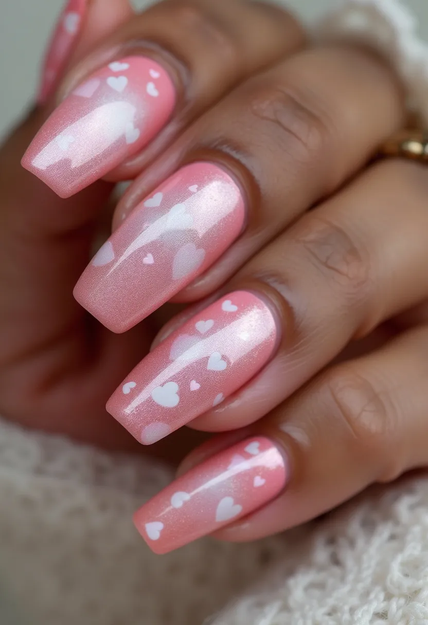 The nail design features a charming, romantic theme with a lovely pink hue as the base color, incorporating a soft, shimmery finish which suggests a gel or shellac treatment for a smooth and glossy effect. The nails are medium length and square-shaped, offering a stylish canvas for the intricate decorations. Each nail is adorned with small white heart patterns, delicately distributed across the surface, enhancing the feminine and tender appeal of the design. This manicure is ideal for special occasions such as Valentine's Day or romantic events, perfectly capturing a sweet and affectionate mood. The combination of the pink shimmery polish and the white hearts provides a cohesive and visually appealing look.