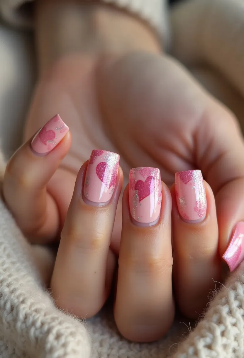 The nail design features a soft, feminine color palette predominantly incorporating shades of pink. The nails are medium-length and square-shaped, creating a balanced and neat appearance. The main color is a light pink base adorned with darker pink heart patterns, complemented by subtle glitter accents that add a touch of sparkle. The design suggests that it could be a gel or shellac treatment due to its glossy and smooth finish. This nail art feels perfect for a romantic occasion such as Valentine's Day, reflecting themes of love and affection. The intricate heart designs and the overall color scheme highlight an affectionate and delicate aesthetic, making the nails stand out with their charming and romantic theme.